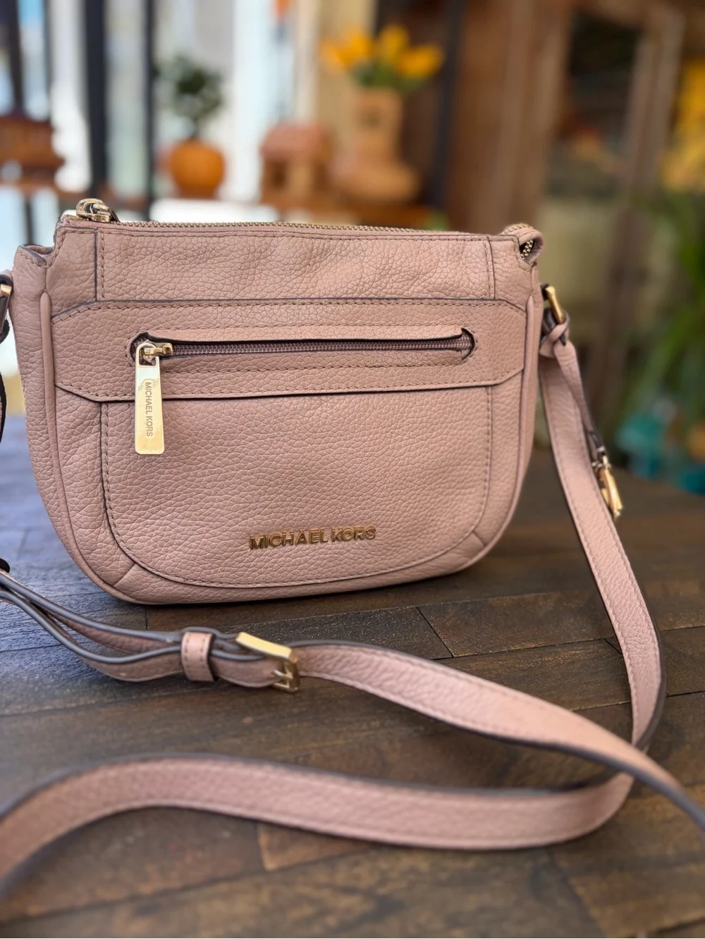 Michael Kors Blush Pebbled Leather Crossbody Bag with Gold Hardware and charm